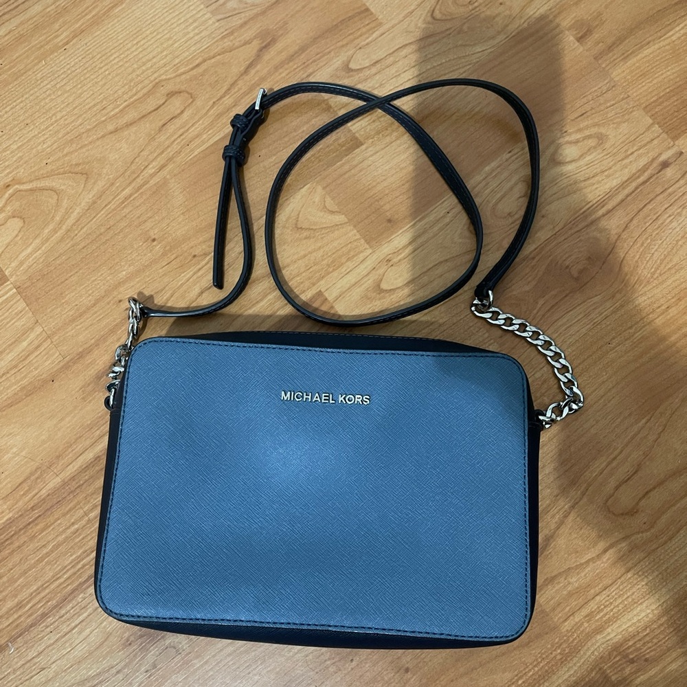 Michael Kors two tone Blue Crossbody Chain bag silver hardware